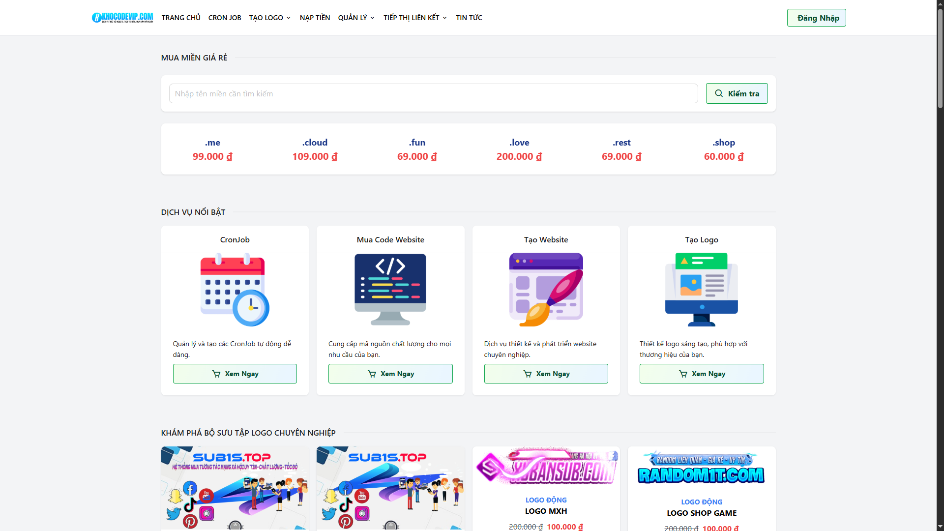 Code cron, bán miền và tạo website đơn tay, bán code website, bán logo